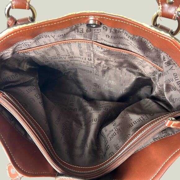 Etienne Aigner Shoulder Bag Woven Straw Basket Tote Brown Vegan Leather Trim - Picture 6 of 14